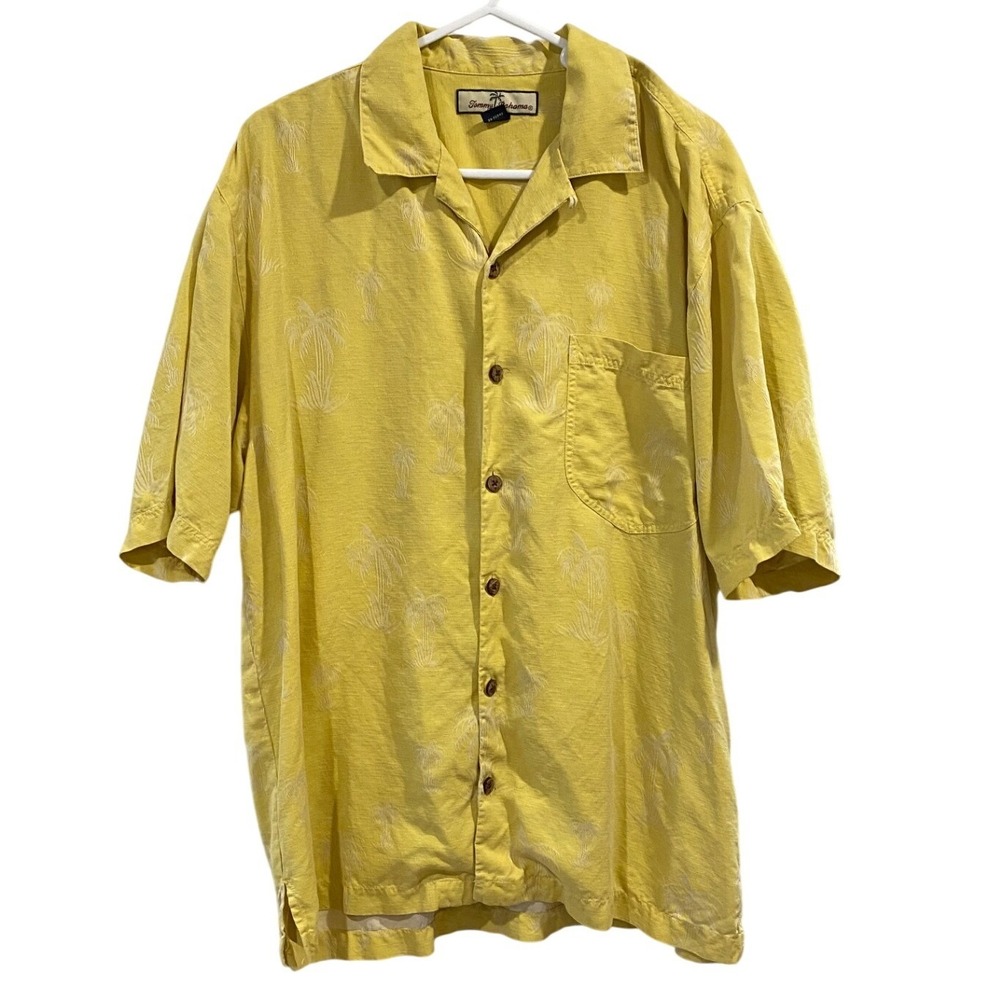 Vintage Tommy Bahama‎ Mens Medium Yellow 100% Silk Palm Tree Hawaiian Shirt